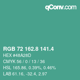 カラーコード: RGB 72 162.8 141.4 | qconv.com