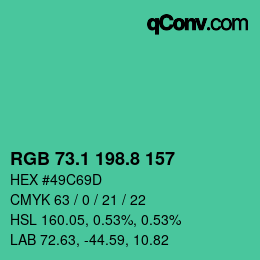 カラーコード: RGB 73.1 198.8 157 | qconv.com
