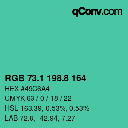 カラーコード: RGB 73.1 198.8 164 | qconv.com