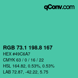 カラーコード: RGB 73.1 198.8 167 | qconv.com
