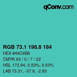 カラーコード: RGB 73.1 198.8 184 | qconv.com