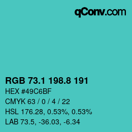 カラーコード: RGB 73.1 198.8 191 | qconv.com