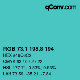 カラーコード: RGB 73.1 198.8 194 | qconv.com