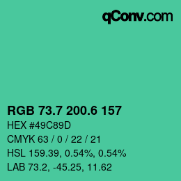 カラーコード: RGB 73.7 200.6 157 | qconv.com