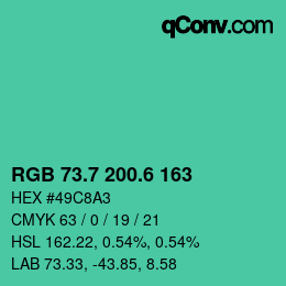 カラーコード: RGB 73.7 200.6 163 | qconv.com