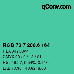 カラーコード: RGB 73.7 200.6 164 | qconv.com