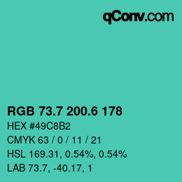 カラーコード: RGB 73.7 200.6 178 | qconv.com