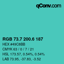 カラーコード: RGB 73.7 200.6 187 | qconv.com