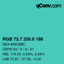 カラーコード: RGB 73.7 200.6 188 | qconv.com
