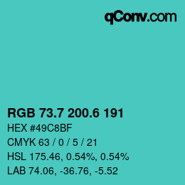 カラーコード: RGB 73.7 200.6 191 | qconv.com