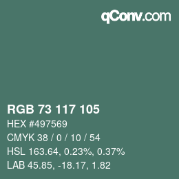 Color code: RGB 73 117 105 | qconv.com