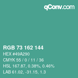 颜色代码: RGB 73 162 144 | qconv.com