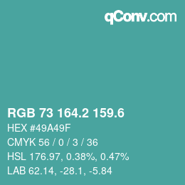 カラーコード: RGB 73 164.2 159.6 | qconv.com