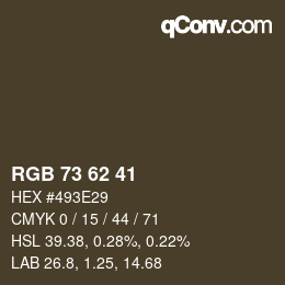Color code: RGB 73 62 41 | qconv.com