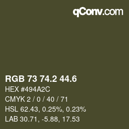 カラーコード: RGB 73 74.2 44.6 | qconv.com