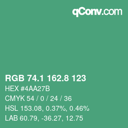 カラーコード: RGB 74.1 162.8 123 | qconv.com