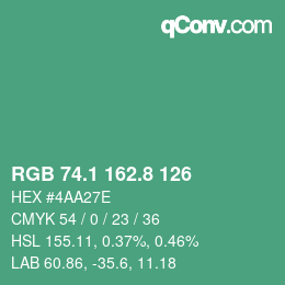 カラーコード: RGB 74.1 162.8 126 | qconv.com