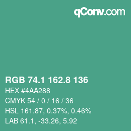 カラーコード: RGB 74.1 162.8 136 | qconv.com