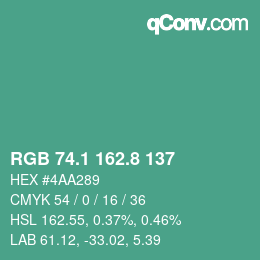 カラーコード: RGB 74.1 162.8 137 | qconv.com