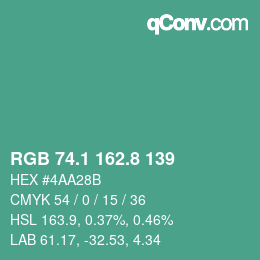 カラーコード: RGB 74.1 162.8 139 | qconv.com