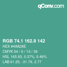 カラーコード: RGB 74.1 162.8 142 | qconv.com