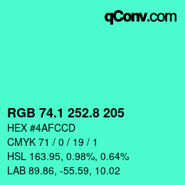 カラーコード: RGB 74.1 252.8 205 | qconv.com