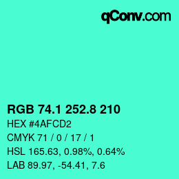 カラーコード: RGB 74.1 252.8 210 | qconv.com