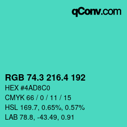 カラーコード: RGB 74.3 216.4 192 | qconv.com