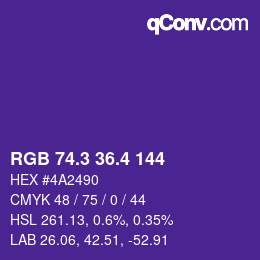 カラーコード: RGB 74.3 36.4 144 | qconv.com