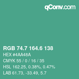 カラーコード: RGB 74.7 164.6 138 | qconv.com