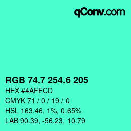 カラーコード: RGB 74.7 254.6 205 | qconv.com