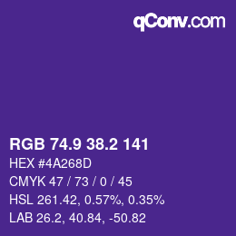 カラーコード: RGB 74.9 38.2 141 | qconv.com