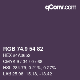 Color code: RGB 74.9 54 82 | qconv.com