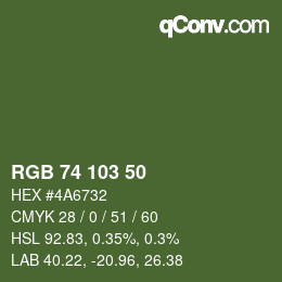 Color code: RGB 74 103 50 | qconv.com