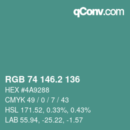 カラーコード: RGB 74 146.2 136 | qconv.com