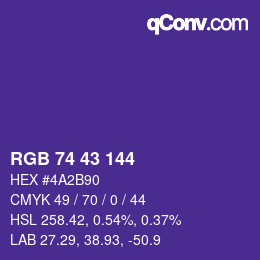 Color code: RGB 74 43 144 | qconv.com