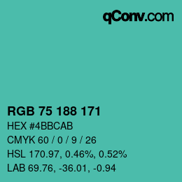 カラーコード: RGB 75 188 171 | qconv.com