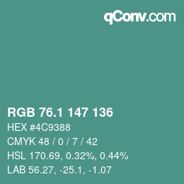 カラーコード: RGB 76.1 147 136 | qconv.com