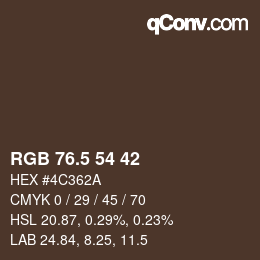 Color code: RGB 76.5 54 42 | qconv.com