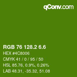 カラーコード: RGB 76 128.2 6.6 | qconv.com