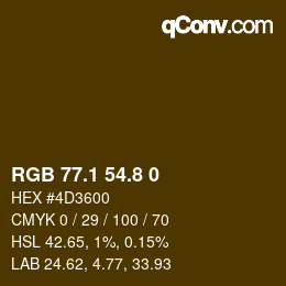 Color code: RGB 77.1 54.8 0 | qconv.com