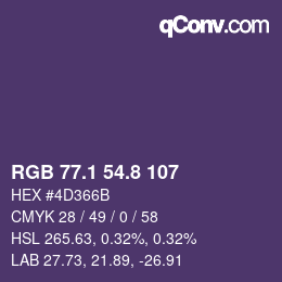 カラーコード: RGB 77.1 54.8 107 | qconv.com