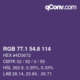 カラーコード: RGB 77.1 54.8 114 | qconv.com
