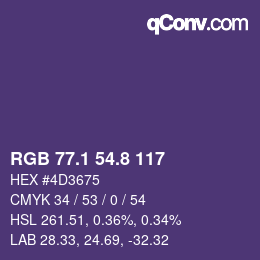 カラーコード: RGB 77.1 54.8 117 | qconv.com