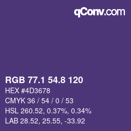 カラーコード: RGB 77.1 54.8 120 | qconv.com