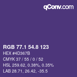 カラーコード: RGB 77.1 54.8 123 | qconv.com