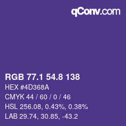 カラーコード: RGB 77.1 54.8 138 | qconv.com