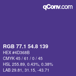カラーコード: RGB 77.1 54.8 139 | qconv.com