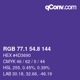 カラーコード: RGB 77.1 54.8 144 | qconv.com