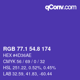 カラーコード: RGB 77.1 54.8 174 | qconv.com